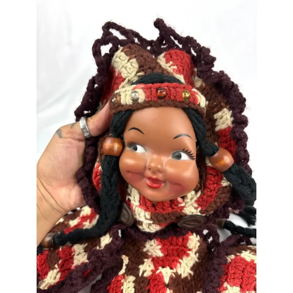 VTG Set of 2 Rubber Doll Face Crochet Pot Holder Brown‎ & Red Wall Decor 1970s